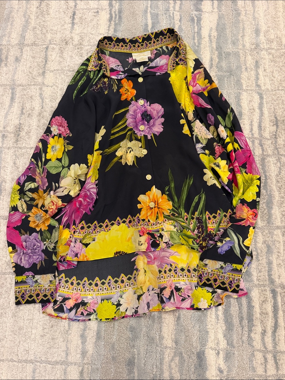 Camilla Black Floral Button-Up Blouse with Yellow, Pink & Purple Accents